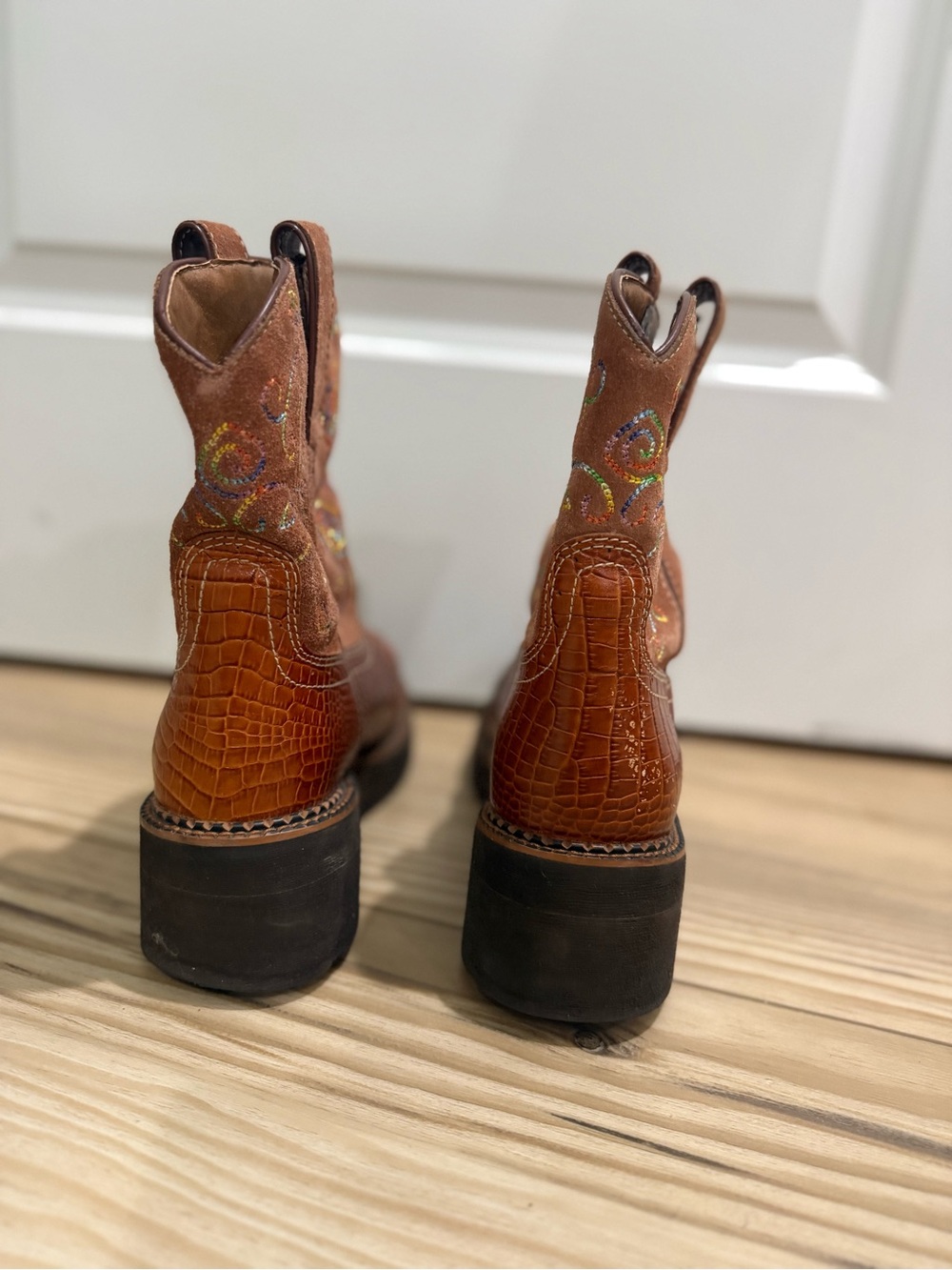 Ariat Brown Leather & Suede Embroidered Western Work Boots Cowgirl - Picture 8 of 10